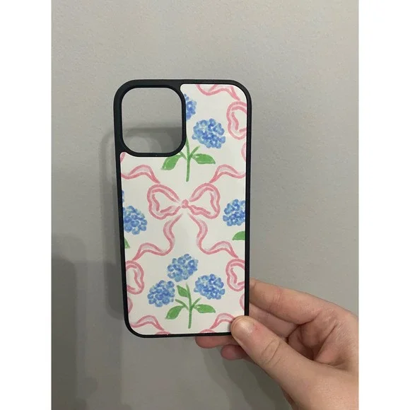 iPhone 12 12 Pro Case Blue Hydrangea Pink Bow Floral Watercolor Black Bumper