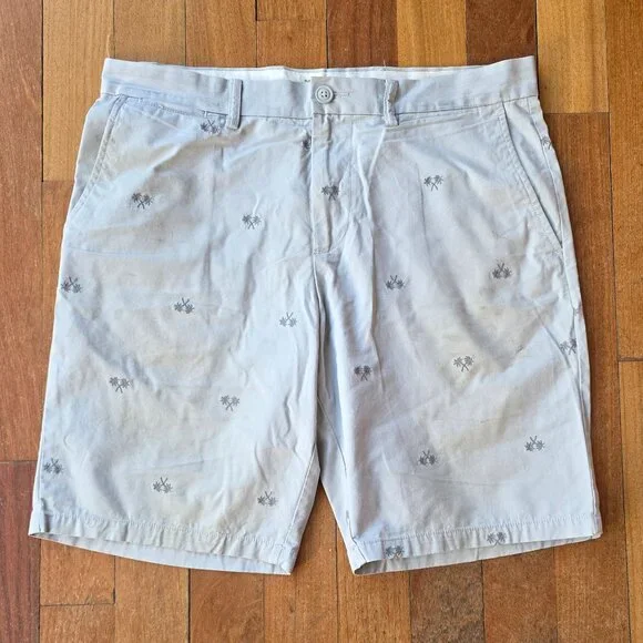 Old Navy Gray Embroidered Palm Trees Flat Front Slim Shorts Size 34