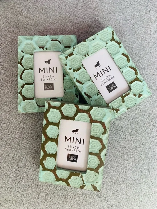 Set of 3 Mini Picture Frames Mint Aqua Honeycomb Design Fits Picture 2