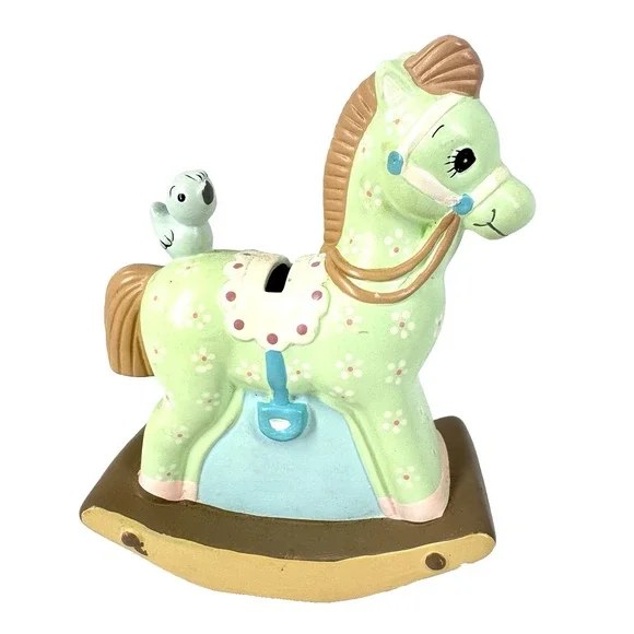 Enesco Handpainted Rocking Horse & Bird Coin Bank Nursery VTG 1982