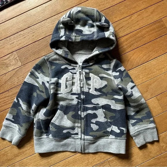 Gap Camo Bear Ears zip Front Hooded Sweatshirt 18-24 Months