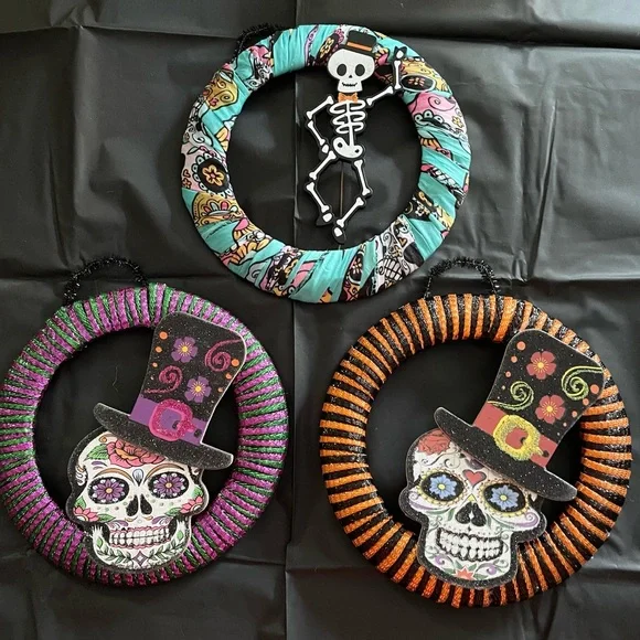 Set of 3 8” Dia De Los Muertos Wreaths.