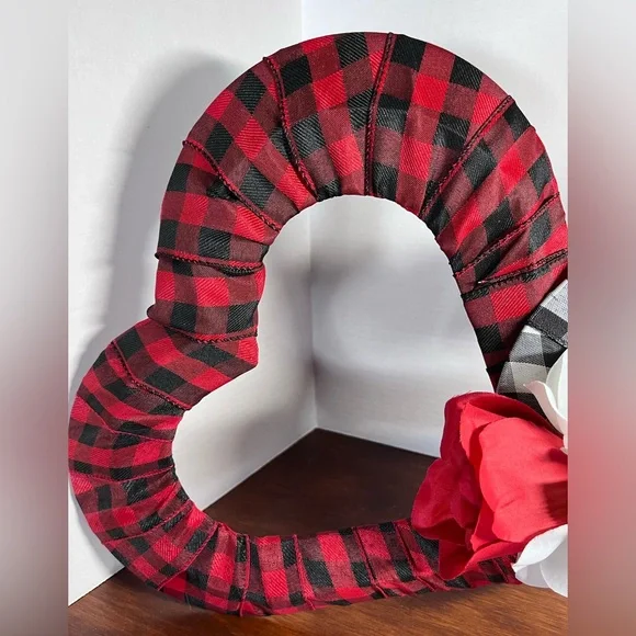 Very Large 24” Gingham Ribbon Wrapped Double Heart Wreath Decor Lumberjack