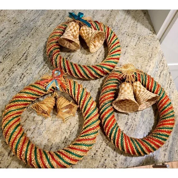 Scandinavian Swedish Straw Christmas Wreath with Bells. Set of 3. App 11