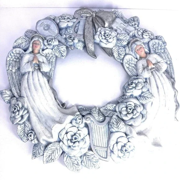 Large Praying Angel‎ Wreath Wall Decor Religious Roses Harp Blue Resin 15 Inch