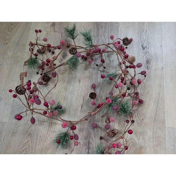 Set Of 2, 5ft Winter Garland of Red Berries, Pine Cones, & Green