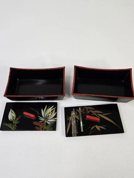 Vtg Japanese Lacquerware Box Set Urushi Maki-e Floral Bamboo Black Red Hand Pain