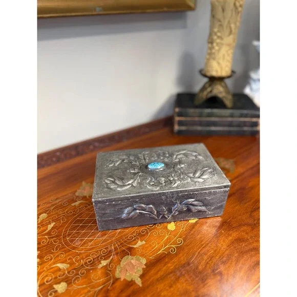 Antique Art Nouveau Pewter Box • Repoussé Jewelry Casket w/ Blue Glass Cabochon