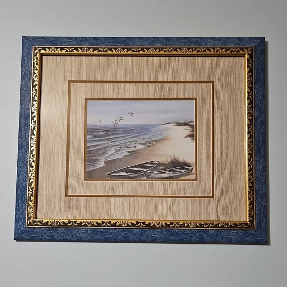 Vintage Elegant Coastal Framed Art with Blue and Gold Accents