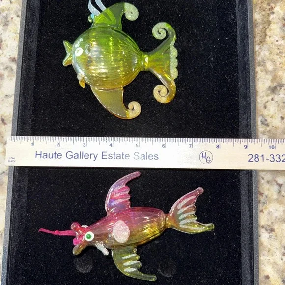 Blown Glass Ornament Whimsical Fish‎ Glitter Fins Pink Gold Green (2) 5545
