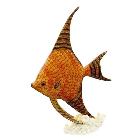 Tropical Angelfish Figurine Coral Base Carved Wood Handcrafted Lifelike 9