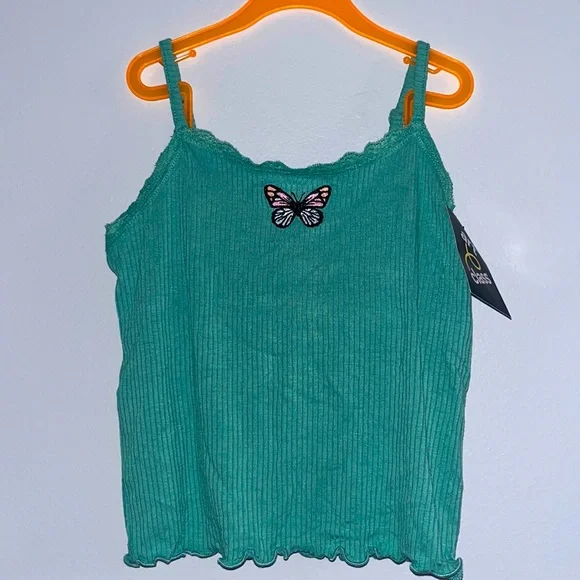NWT Green Lettuce Hem Spaghetti Strap Monarch Butterfly Tank