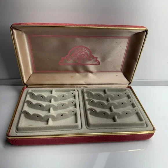 Vintage Jewelry Box Organizer‎ Pink Velvet Lined Ring Earring Storage 9