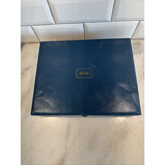 Vintage Avon Blue Gold Lettering Jewelry‎ Box Blue Velvet Display Box Case