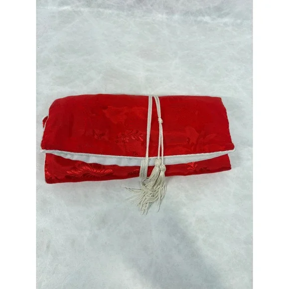 Vintage Red Floral Brocade Satin Jewelry Roll Travel Organizer Case Tassel Tie