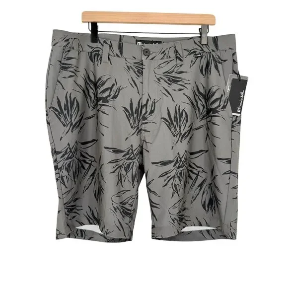 TravisMathew Golf Shorts 36 Grey Leaf Print Performance Stretch Pockets Resort