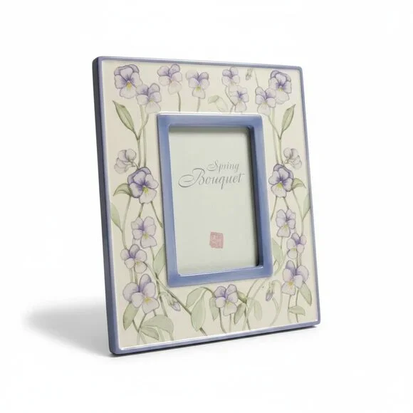 Vintage Russ Porcelain Floral Picture Frame – Blue & Cream, Spring Flowers, 4×6