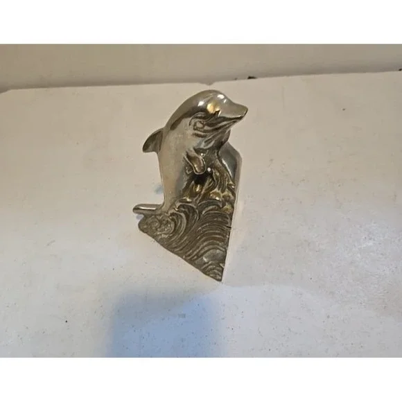 Vintage Solid Brass Dolphin Riding Wave Nautical Bookend Figurine Statue Decor