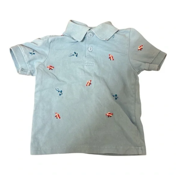 Kids Light Blue Polo Shirt with Embroidered Airplanes Size 24 Months Boy