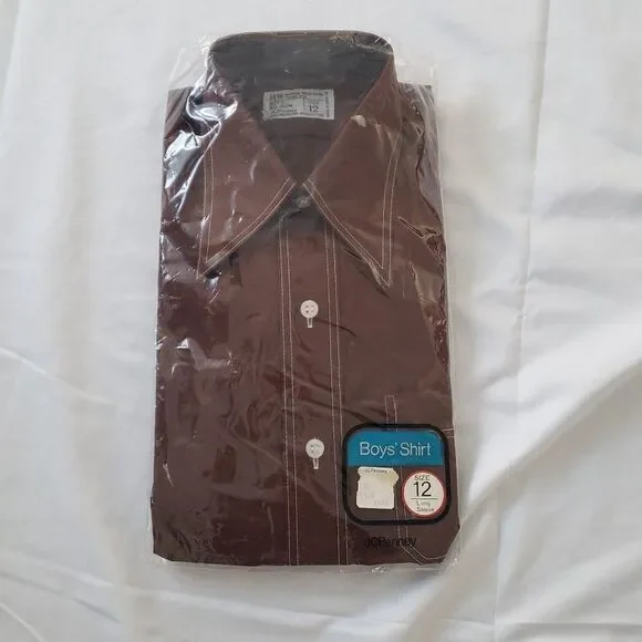 70s Deadstock Boys Brown Dagger Collar‎ Shirt