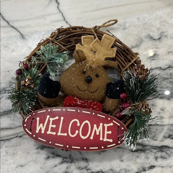 Festive Reindeer Christmas/winter season Wreath “Welcome” 9 in