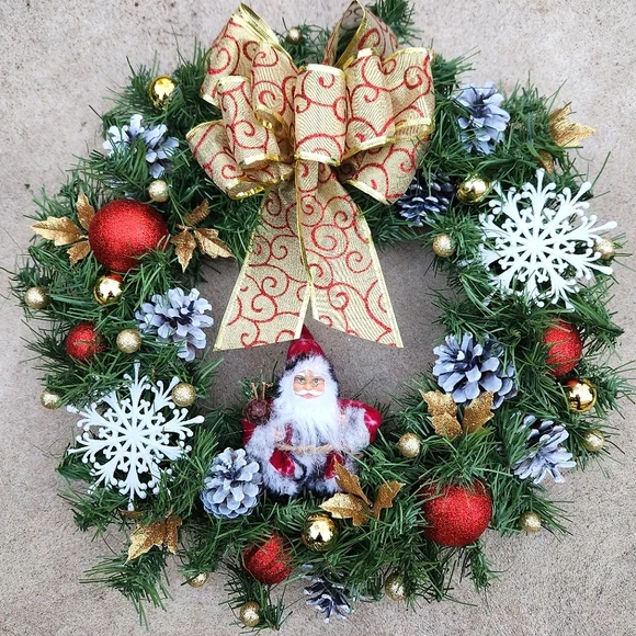 Handmade Snowflakes & Pinecones Santa Christmas Wreath