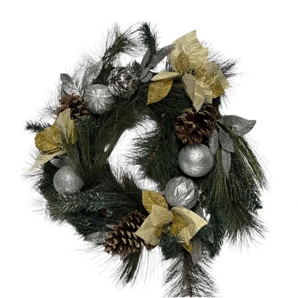 Christmas Wreath Holiday Pine‎ Cone Ornament Gold Silver Decor 15 Inch