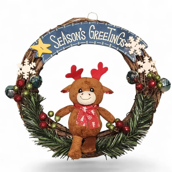 Seasons Greetings Winter Reindeer Grapevine Wreath