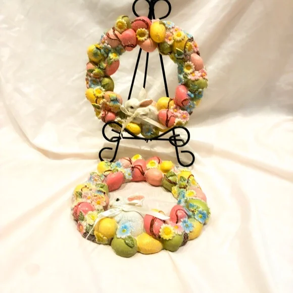 Vintage Easter Wreath Wall Decor Pair Bunny Egg Wreaths
