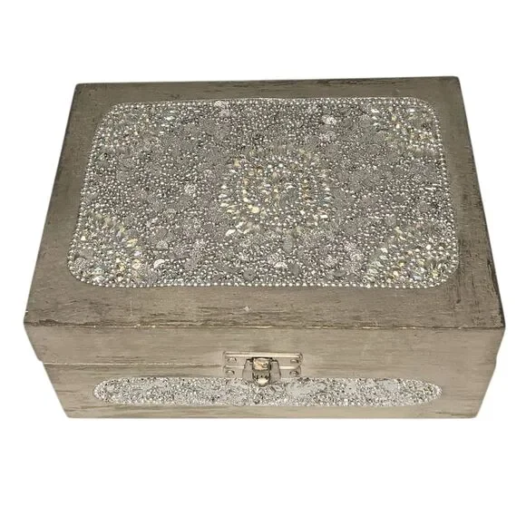 Sparkly Jewlery Box Silver With Sequins & Rhinestones Lightweight Wood 7 x 5 x 3
