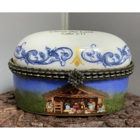 Imperial Porcelain Religious Nativity Scene Trinket Box Luke 2:11 Holy Family