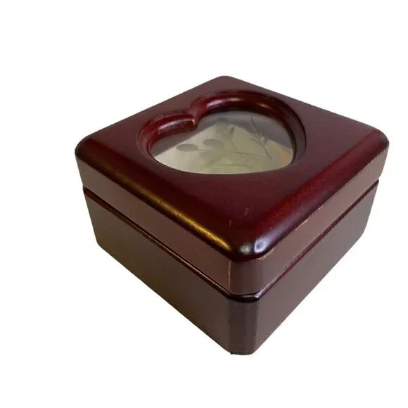 Wood Jewelry Trinket Box Heart Shape Etched Glass 3.5