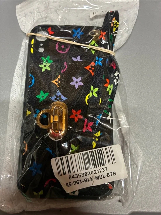 iPhone XR Black Phone Case with Multicolor Floral Print & Gold Hardware