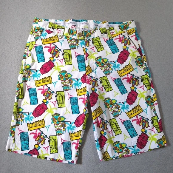 Flow Golf by Flow Society Tiki Mask Tropical Print Shorts Mens 40 White Multi