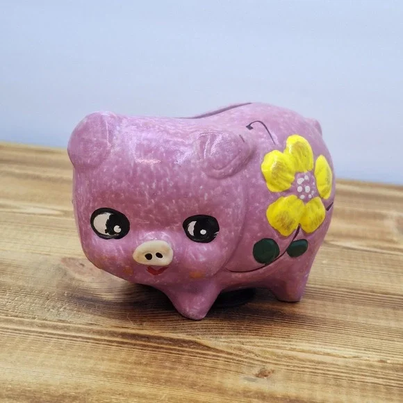 Vintage Lightweight Retro Piggy Bank - Pink With Yellow Flower