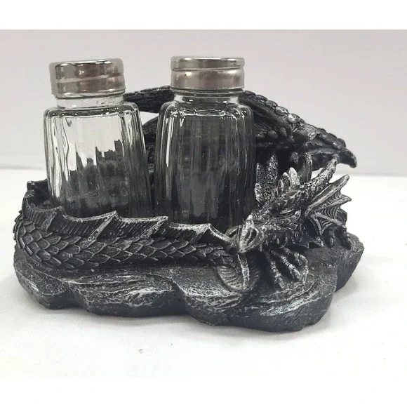 Sleeping Dragon Glass Salt and Pepper Shaker Set with Decorative Holder Display