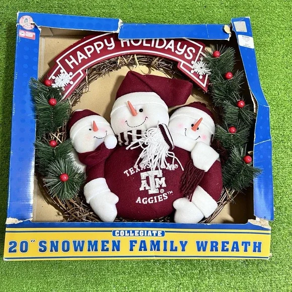 Vintage Texas A&M Christmas Decor 90s Aggie Holiday Wreath‎ SnowMan Family TAMU