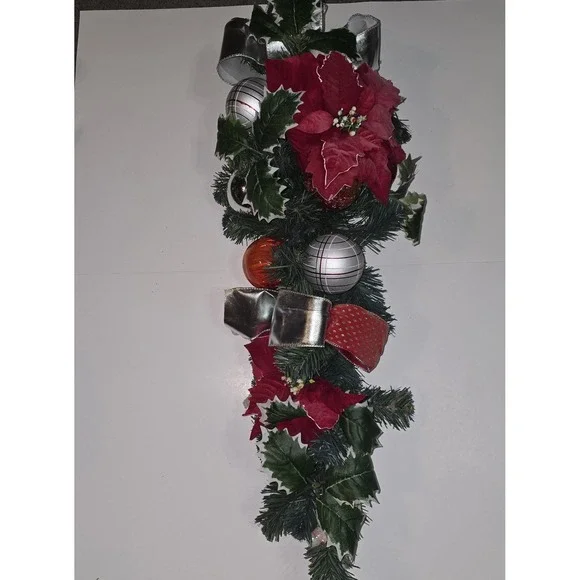Garland Christmas Decor‎ Poinsettia Holly Ornaments Silver Ribbon 32 x 9 Inches