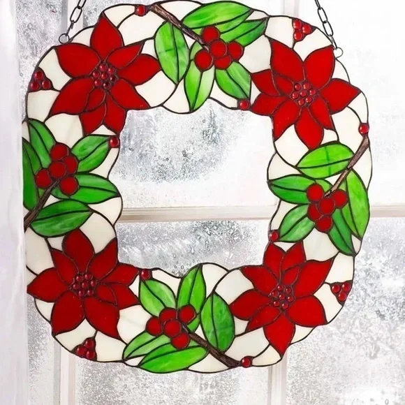 STAINED GLASS Poinsettia Holiday Wreath 18”