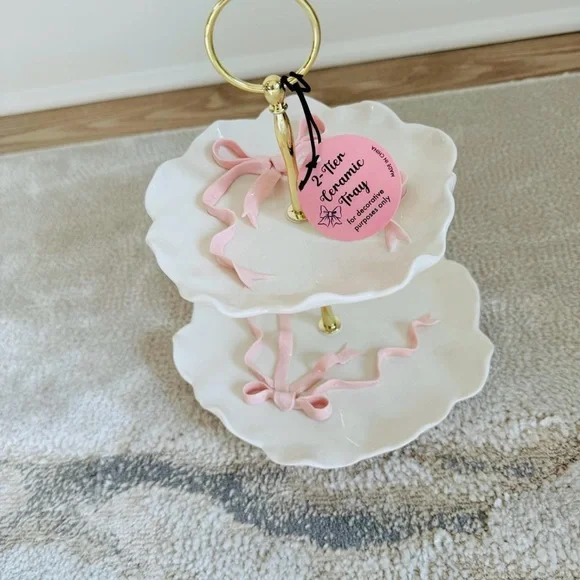 Pink Bow Two-Tier white Ceramic Tray with Gold accents