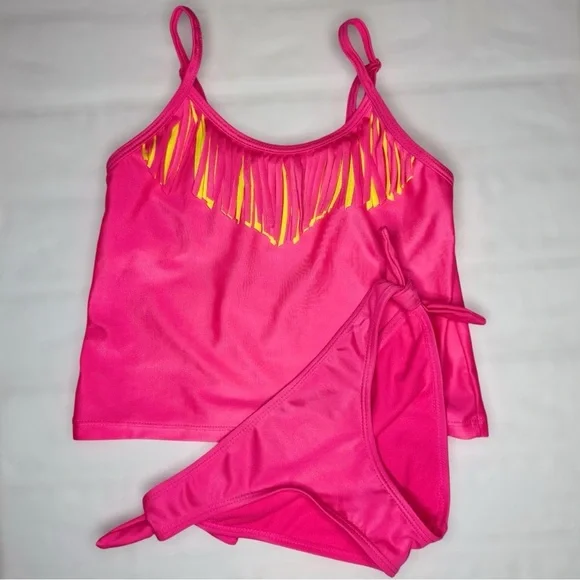 Kids Sugar & Jade Pink and Yellow Fringe Bikini Set S (8)