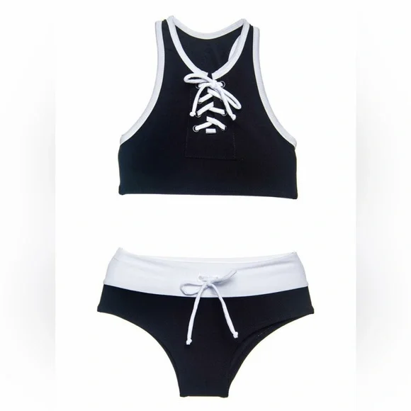 Submarine Black‎ and White Girls Swimsuit 2pc Tankini Lace-up sz 6 Fits 4/5