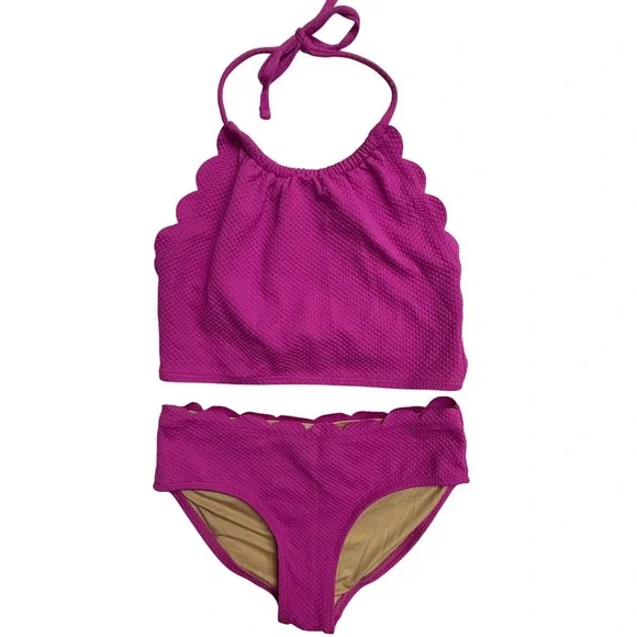 Girls Old Navy Scallop Bikini Swimsuit Set Pink Textured Size L 10 12 Youth