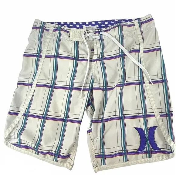 Hurley plaid board shorts white purple teal size 7