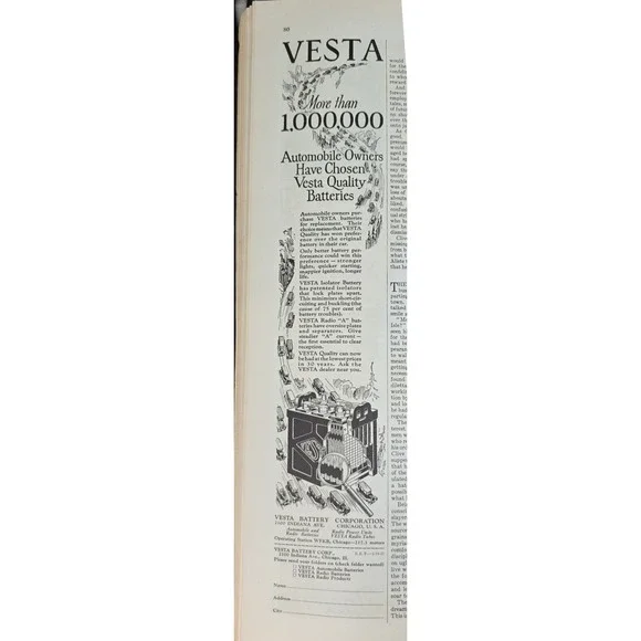 1927 Vesta Battery Corporation Automobile Owners Quality Batteries Print Ad