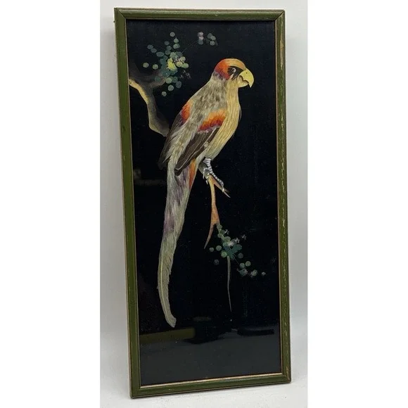 Vtg Mexican Feather Craft Art Bird Picture Wood Frame Multicolored 14.5x6.5