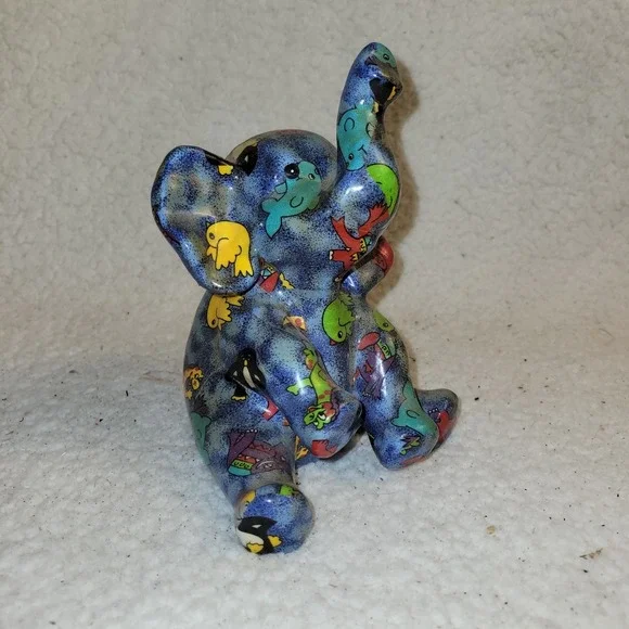 Vintage Ceramic Elephant Coin‎ Bank Blue Zoo Animal Print Whimsical 1990s Decor