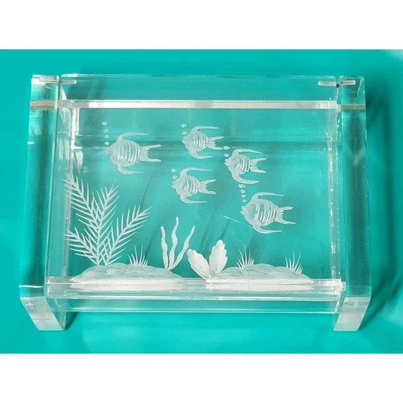 Acrylic Jewelry, Trinket Box w/ Reverse Etched Aquarium Scene Fish Design