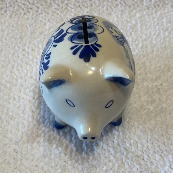 Delfts Blue Hand Painted Ceramic Piggy Bank‎ Windmill Scene Holland Collectible