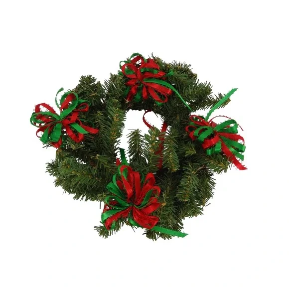 Christmas‎ Mini Artificial Pine Wreath Red Green Ribbon Bows Holiday Decor